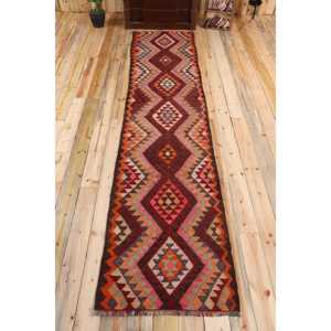 พรมตุรกีขนาด 2.7x13 ฟุต, พรมคิลิมวินเทจ, พรมเปอร์เซียสีแดงทำจากขนสัตว์ - Product Image 1