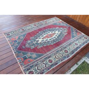 4.3x5.4 ft Turkish Accent Rug, <b>Red</b> Blue Vintage Ombr <b>Wool</b> Rug - Product Image 2