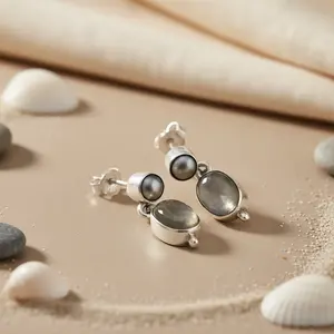 Women's Vintage 925 <b>Silver</b> <b>Drop</b> <b>Earrings</b> with Freshwater Pearl & Moonstone 18K Gold Plated Diamond Main Stone Cute Style - Product Image 1