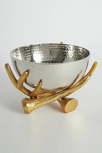 Bol à fruits moderne en métal martelé argenté avec un travail fantaisie, forme ronde, bol de service avec support en métal doré, décoration moderne pour la maison en métal - Product Image 3