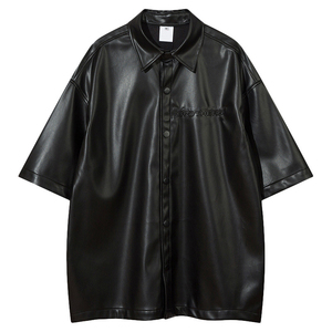 Logo personnalisé OEM pour hommes Chemise en cuir artificiel à manches courtes avec poche plaquée en cuir PU - Product Image 1
