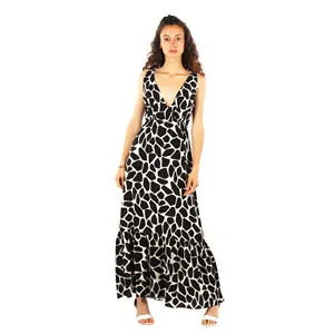 Элегантное платье без рукавов с V-образным вырезом, черно-белое платье с принтом жирафа, Длинные Цветочные оборки, вискоза, специальные мероприятия среднего размера