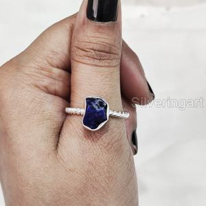 Bague pour femme en pierre brute, Lapis Lazuli naturel, avec fil torsadé, en argent sterling 925, pour mariage et Noël - Product Image 2