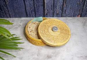 Hot Sale Handcrafted round Mango Wood Roti Chapati Serving <b>Box</b> <b>Wooden</b> Printed <b>Lid</b> for Food Storage - Product Image 2