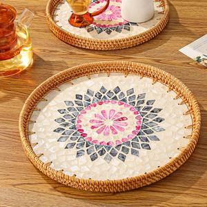 Organizador de mesa decorativo, juego de bandeja de servicio MOP de ratán, bandejas de concha de Capiz de mosaico de alta calidad - Product Image 3