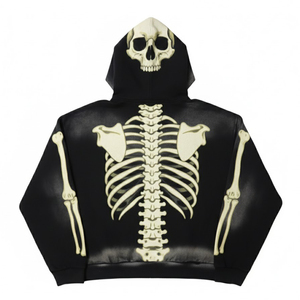 Sudadera con Capucha Unisex Premium Personalizada, con Estampado de Esqueleto Negro, Cierre Frontal con Cremallera, Estilo Casual para Otoño, Tejido con Efecto Desgastado por el Sol, Sudadera de Moda - Product Image 1