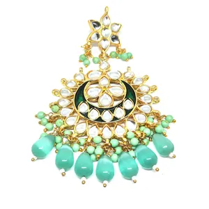 Pendientes de Araña Chapados en Oro con Piedra Monalisa Verde Claro Meenakari, Pendientes Colgantes de Oro de 18K para Bodas con Ágata Principal - Product Image 2