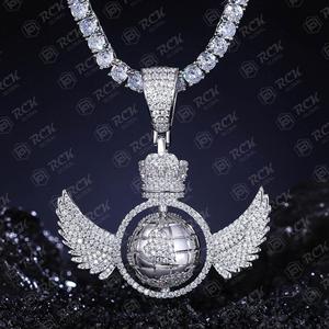 จี้เพชรโมอิสสีเงินสเตอร์ลิง925ออกแบบได้ตามต้องการเสน่ห์จี้เพชรฮิปฮอปปีกบินโลกจี้เพชรโมอิสซานไนต์เสน่ห์ - Product Image 3