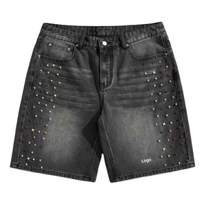 Shorts en jean décontractés mi-taille pour hommes, style rétro américain, avec logo personnalisé brodé, écologiques, respirants, streetwear, couleur foncée, collection 2026 - Product Image 1