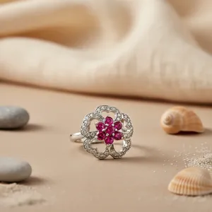 Bague cocktail en forme de fleur avec rubis, en argent 925, sertie pavé, bijou romantique pour femme, cadeau - Product Image 1