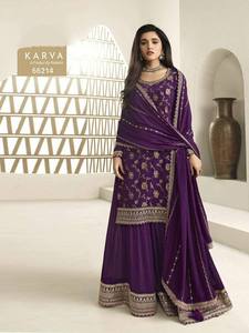 Heavy Chinon Gharara Jari Dori Stitch Work Crepe Interior Listo para usar Indian Pakistani Palazzo Matching Dupatta Trending Style - Product Image 4