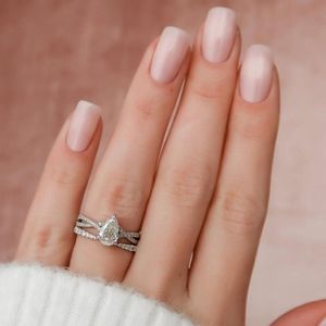 RITZIN Women's Cute Pear Cut Lab-Grown Diamond Twisted Bridal Set <b>Open</b> Stack Engagement <b>Ring</b> Solid Gold Wedding <b>Ring</b> - Product Image 4