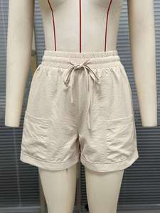 <b>Women's</b> High Elastic Waist Anti-Wrinkle 100% Cotton Sport Shorts Solid Color Loose Fit Casual Summer Wear Pockets Light Blue - Product Image 2