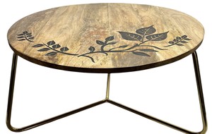 Modern Design Coffee <b>Table</b> With Mango Wood Top With Natural Finish and Gold Pleated Stand - Product Image 3