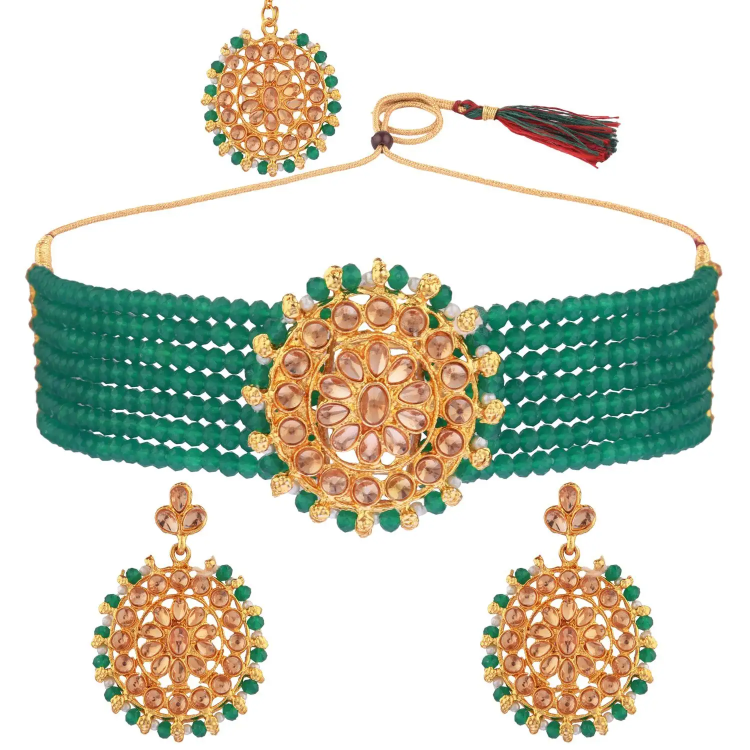 Indische traditionelle Schmuck hersteller Mehr schicht ige Kunst perlen Perlen Kristall Kundan Choker Halskette Set, Grün
