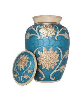 Urna funeraria de flores azules y doradas, urna de cremación conmemorativa para cenizas humanas, latón adecuado para entierro de cementerio o nicho, tamaño personalizado - Product Image 4