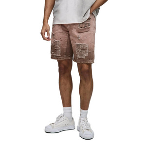 Pantalones cortos de mezclilla rasgados con degradado marrón para hombre, ropa de calle con salpicaduras de pintura personalizada, ropa de moda de proveedor OEM - Product Image 1