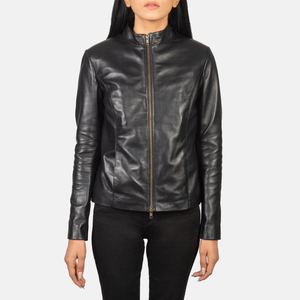 Veste moto en cuir de vache véritable pour femme, col montant, fermeture éclair, manches longues, noire, style automne, longueur courte - Product Image 4