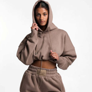 Venta al por mayor de ropa de boutique para mujer, jersey de manga larga de Color sólido, Sudadera corta, Sudadera con capucha para mujer, ropa de calle deportiva de algodón - Product Image 2