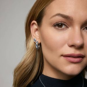 Luxury Blue Sapphire Diamond Hoop Earrings for Women 14K White Gold Cushion Cut Sapphire <b>Huggie</b> Earrings Fine Jewelry - Product Image 2