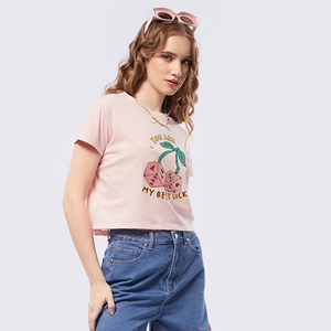 Index Apparel Women's Pink Crop <b>Top</b> Short Sleeve Crew Neck Printed Casual T-Shirt Spring Summer Wear - Product Image 2
