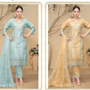 Fantaisie Chic Hiver Shalwar Kameez Ensemble Organza Brodé Top Dupatta Soie Bas Disponible XL-XXL Tailles 4 Couleurs pour Indien - Product Image 1