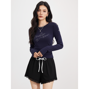 Shorts décontractés pour femmes en maille côtelée confortable avec bordure en dentelle, cordon de serrage, haute élasticité, séchage rapide, respirant, vêtements OEM ODM - Product Image 1