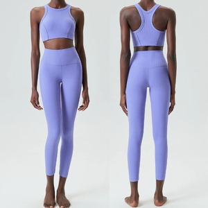 2 piezas de mallas de alta calidad sin costuras con logotipo frontal sólido para mujer y sujetador de tiras conjunto de Yoga para entrenamiento de resistencia - Product Image 5