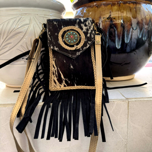 Bolso de mano de diseño para teléfono, bolso con flecos de piel metálica, de tamaño pequeño bolso de hombro, bolso de mano de piel de vaca - Product Image 1