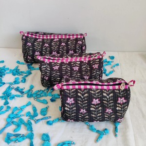 Bestseller Eco-Friendly Vintage <b>Large</b> Floral Handmade Black Cotton Block Print Cosmetic <b>Bag</b> with Zipper for Case - Product Image 1