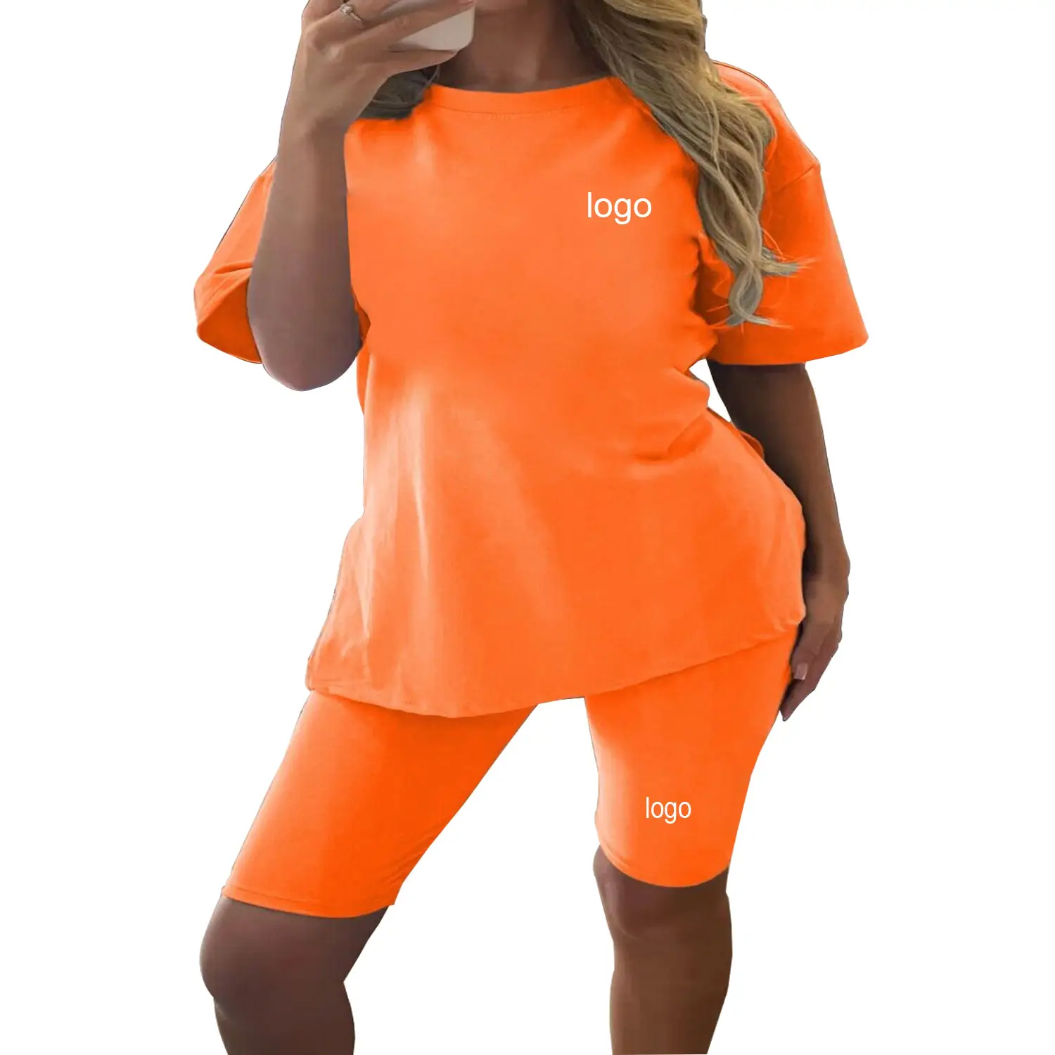 Whole Sale Factory Price Ladies Breathable Orange Over size Top Set Summer Two Pcs Sports Wear and short Sweat suit