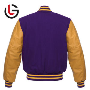 Veste d'université étudiante de haute qualité pour hommes décontracté Letterman violet corps en laine véritable et manches en cuir Beige Tan col montant - Product Image 3