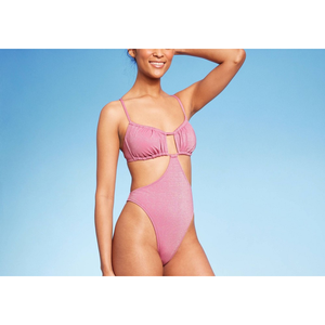 Costume da bagno intero da donna Wild Fable in lurex rosa con design cut-out e scollo senza spalline, personalizzabile con logo, disponibile nelle taglie XS, S, XL, XXS - Product Image 5