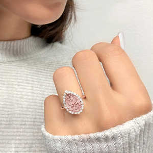 Bague de fiançailles en or rose 14 carats 4,74 carats, coupe poire tendance, halo de morganite, incrustation de diamants, plaqué or 18 carats, accessoires de bague en alliage tendance - Product Image 1