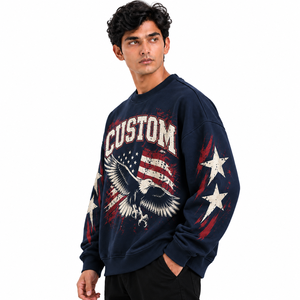 Men's <b>Navy</b> Graphic <b>Sweatshirt</b> Crew Neck Oversized Pullover Eagle Star Print Sleeve Design Streetwear Custom Print Winter Wear - Product Image 3