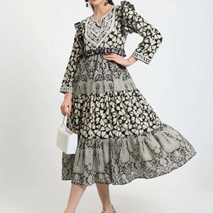 Robe de bal à imprimé floral robe mi-longue avec encolure ornée noir beige manches longues taille tombante conception à plusieurs niveaux pour l'été - Product Image 1