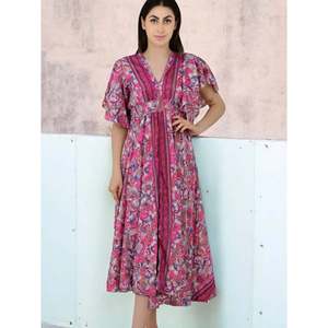 Robe longue midi élégante d'été rose, robe de soirée cocktail, col en V, manches courtes, mélange de soie, robe pour invitées de mariage - Product Image 1