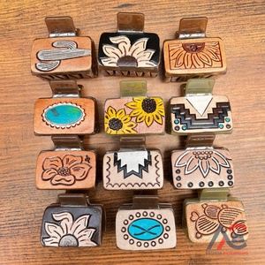 2025 New Design Hand <b>Tooled</b> Leather Mini Hair <b>Clips</b> High Quality Genuine Leather Charms Hair Claws <b>Clip</b> Accessories for Women's - Product Image 1