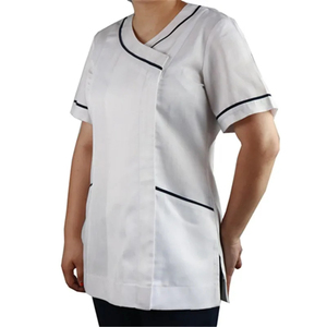 White V-Neck <b>Scrub</b> <b>Top</b> with Magenta Trim Women's Hospital Uniform Cotton Polyester Woven Fabric with Pockets - Product Image 3