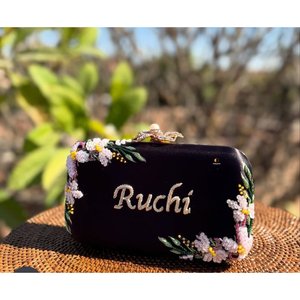 Black Velvet Beaded <b>Clutch</b> with Floral Embroidery Chains Flap Closure Elegant Evening Bag Ruchi - Product Image 1