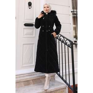 19277 Trench-coat matelassé noir à capuche et fermeture éclair, long manteau avec fermeture éclair élégante - Product Image 3