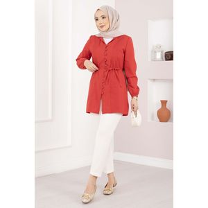 Women's Chic Vintage <b>Red</b> Lace-up Shirt Ribbed Detail Poplin Satin Fabric Ruffled Logo Casual Top XL for Spring Summer Autumn - Product Image 1
