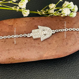 <b>14K</b> Solid <b>Gold</b> Natural Diamond Brilliant Cut Hamsa Charm <b>Bracelet</b> Christian Style Religious Women's Fine Jewelry STAR JEWELLERY - Product Image 5