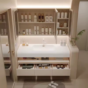 خزانة حمام عصرية بتصميم خشبي ناعم الملمس مع حوض غسيل مدمج ومرآة ذكية بإضاءة LED - Product Image 3