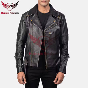 Mens Real Black Leather Jacket Asymmetrical Zip <b>White</b> Stitch <b>Belted</b> Waist Sheepskin Biker <b>Coat</b> Custom Vintage Winter Outerwear - Product Image 4