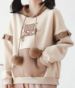 Sudadera con Capucha de Invierno 100% Algodón para Mujer, Linda Sudadera con Capucha de Manga Larga con Bordado de Oso de Dibujos Animados, Sudadera Kawaii con Parches para Mujer - Product Image 5