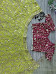 Women's Faux Georgette Lehenga with Hand Drawn Embroidery and <b>Sequins</b> Work Hand Drawn Printed Choli - Product Image 2