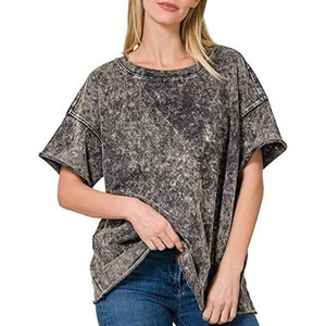 Nueva llegada personalizada al por mayor precio cómodo algodón ácido lavado camiseta para mujeres en tamaño adulto - Product Image 6