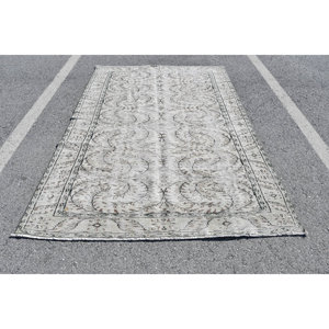 Tapis Vintage en Laine Turque Classique Gris Beige 5.5X8.4 ft Fait à la Main Rectangulaire Patchwork Design pour Adolescent Salon avec Latex - Product Image 1