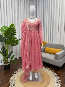 Traje ANARKALI con Dupatta de Seda Fandy, Bordado con Lentejuelas, Estilo Vintage, Holgado, Largo hasta el Suelo, para Fiesta, Color Sólido Natural - Product Image 5